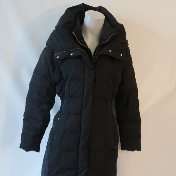 Womens Cole Haan Black Down Cluster With Feather Fill Hooded Midi Puffer Coat L - Picture 7 of 16